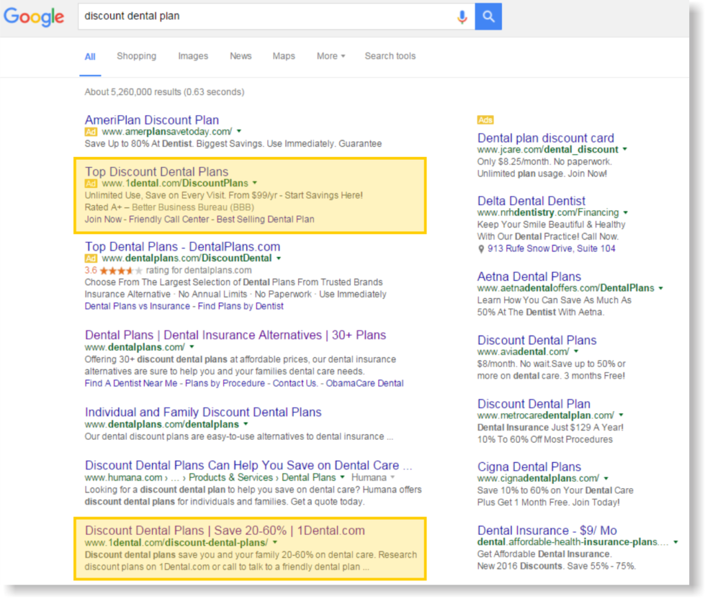 Discount dental plan search query results in Google