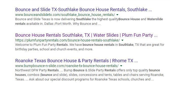 Local Search Results Example for Bounce House Rentals Southlake TX