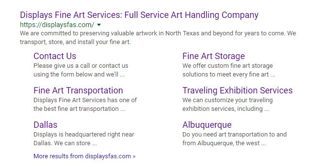 Displays Fine Art Services Site Links Example